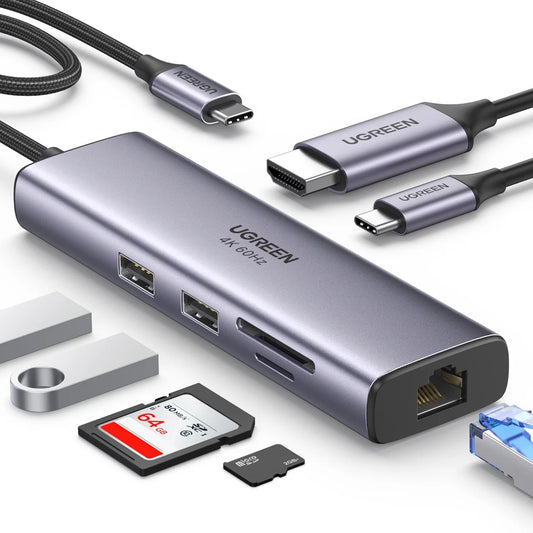 HUB UGREEN CM512 USB-C 6 EN 1 DISPLAYPORT 4K60HZ 2 USB 1 USB-C DATA RJ45